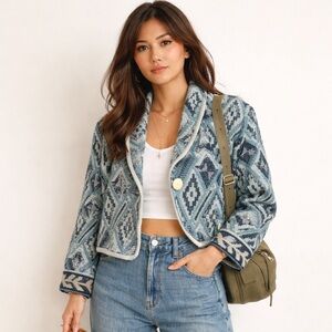 New Identity Vintage Bolero Southwestern Tapestry Cropped Jacket XL Blue Cotton